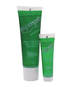 SignaGel® Electrode Gel by Parker Laboratories, a highly conductive, multi-purpose saline gel ideal for ECG, defibrillation, biofeedback, and EMG procedures, available in 60g and 250g tubes.