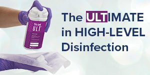 Tristel ULT being dosed into wipes for high-level disinfection, featuring a 2-minute contact time badge. Homepage slider showcasing 'The Ultimate in High-level disinfection'".