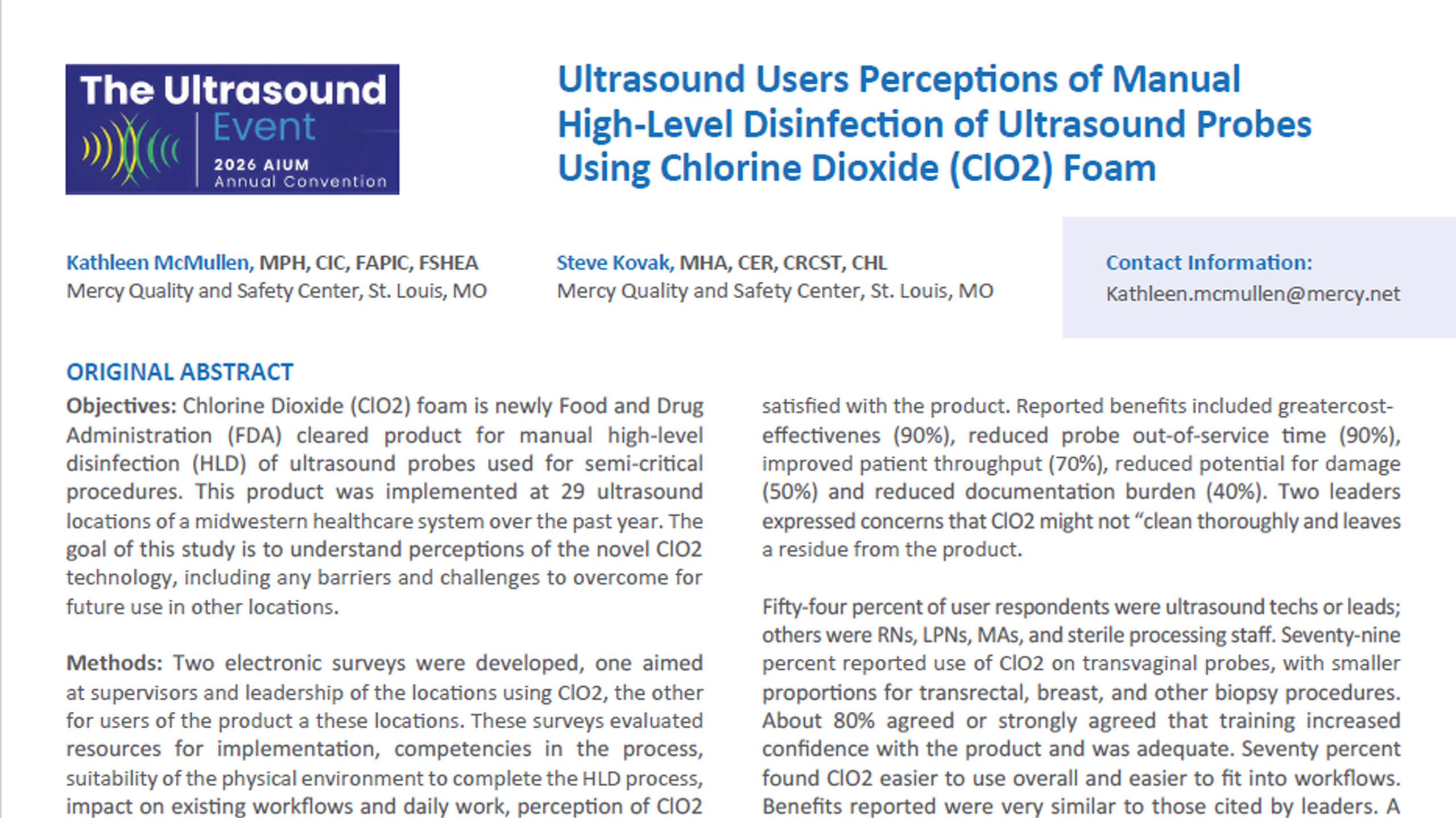 Feature image for Ultrasound Users Perceptions of Manual High-Level Disinfection of Ultrasound Probes Using Chlorine Dioxide (CIO2) Foam (AIUM 2026)